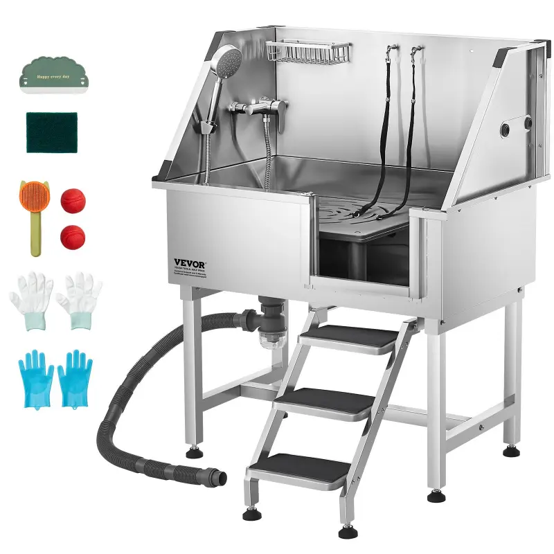 【Summerfinds】VEVOR 38-Inch Stainless Steel Dog Washing Station, Pet Grooming Tub with Grooming Supplies, Hot & Cold Faucet, Showerhead, Non-Slip Stairs, Right Door, for Small-Medium Cats & Dogs, 38 Inch/Stairs/Right, Adjustable Feet