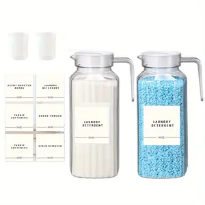 Laundry Detergent Dispenser, 2 Counts/set Laundry Detergent Dispenser with Label & Measuring Cup, Home Organizer for Laundry Room,  Bathroom Accessories, Clear Storage Jar