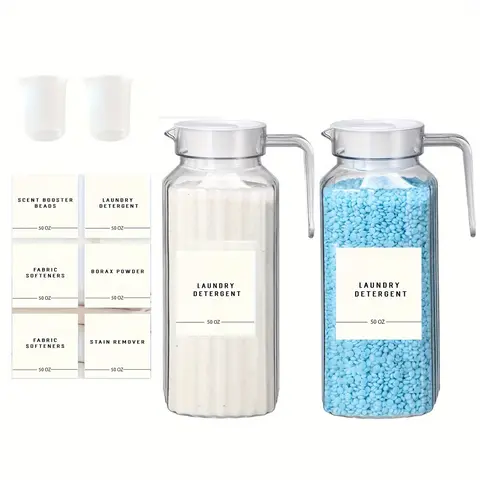 Laundry Detergent Dispenser, 2 Counts/set Laundry Detergent Dispenser with Label & Measuring Cup, Home Organizer for Laundry Room,  Bathroom Accessories, Clear Storage Jar, Detergent Container