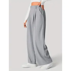 Solid Color Slant Pockets Wide Leg Pants, Elegant & Versatile High Waist Daily Wear Pants For Spring & Summer, Women's Clothing