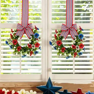 2 Pcs Mini Cabinet Flower Wreaths, Blue Daisy Wreath with Ribbon, July Independence Day Hanging Wreath, Patriotic Wreath, Farmhouse Decor