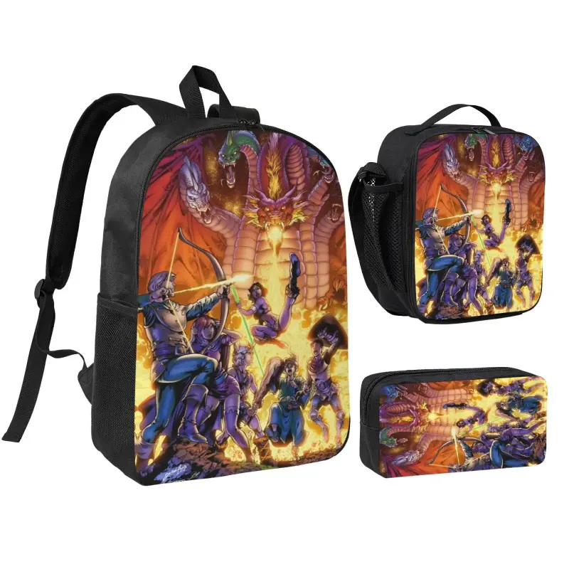 Dungeons & Dragons 3-Piece Water-Resistant Backpack Set, 17in Bookbag with Lunch Box for Teens - Back to School, Campus Life, Holidays, Vibrant Print, Travel Bagpack, Bagpack Travel, 32 Cm Wide, 3Pcs, 13 Cm Deep, 43 Cm High