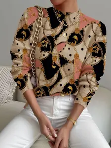 Women's Geometric Chain Patchwork Colorblock Dot Floral Knit Sweater, Fall Winter Casual Long Sleeve Fitted Short Top, Comfortable Warm Clothing Knitwear Womenswear