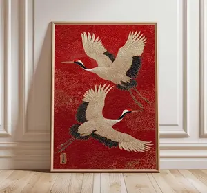Japanese Crane Wall Art – Red and Gold Oriental Bird Print, Traditional Asian Poster, Elegant Unframed Home Decor