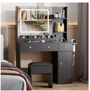 Vanity Set with Mirror & Lights, GRWM Vanity Desk with Drawers & Storage Shelves, Makeup Dressing Table with Stool & Charging, Black