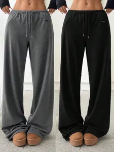 Women's Solid Drawstring Waist Adjustable Wide Leg Pants, Everyday Casual Comfy Trousers for Daily Wear, Ladies Bottoms for All Seasons