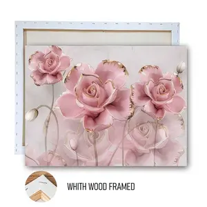 1pcs FRAMED Modern Minimalist Pink Rose Gold Foil Decorative Painting Living Room Bedroom Sofa Background Wooden Wall Art with Solid Wood Frame Canvas Painting Nordic Style Home Wall Art Decoration Home Deco Flower Painting Canvas