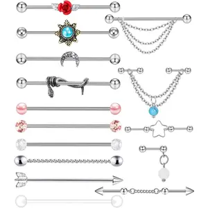 14G Industrial Piercing Jewelry For Women Men Stainless Steel 38 Industrial Barbell Long Cartilage Helix Conch Earrings Stud 14G Gauges Industrial Jewelry Butterfly Heart Cool 7-18pcs