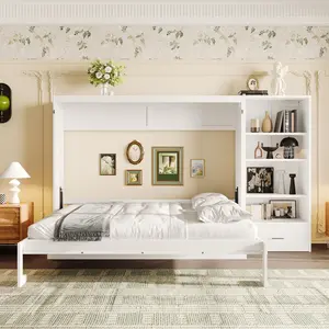 Queen Size Murphy Bed with Height Adjustable Storage Compartments and Shelf, Wall Bed Frame With 1 Drawer, Multifunctional Foldable Platform Bed for Bedroom,Guest Room, White(OLD SKU:N733S309223K)