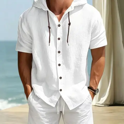 Men's 2-Piece Tropical Casual Polyester Basics Set - Collared Neck Short-Sleeve Hooded Button Henley T-Shirt, Adjustable Strap Drawstring Waist Medium-Length Bottoms, Lightweight Breathable Machine Wash Loungewear (Standard Sizes, for Beach Trips)