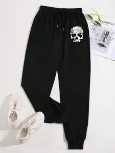 Women's Casual Sporty Pants, Skull Print Sweatpants, Drawstring Trendy Workwear, Loose Fit Joggers, All Season Fashion