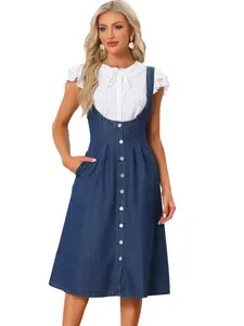 INSPIRE CHIC Suspender Button Front Classic U Neck Overall Denim Midi Dress with Pockets
