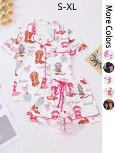Women's All Over Cowboy Boots Print Pajama Two-piece Set, Casual Comfy Short Sleeve Lapel Neckline Tee & Shorts PJ Set, Ladies Summer Sleepwear