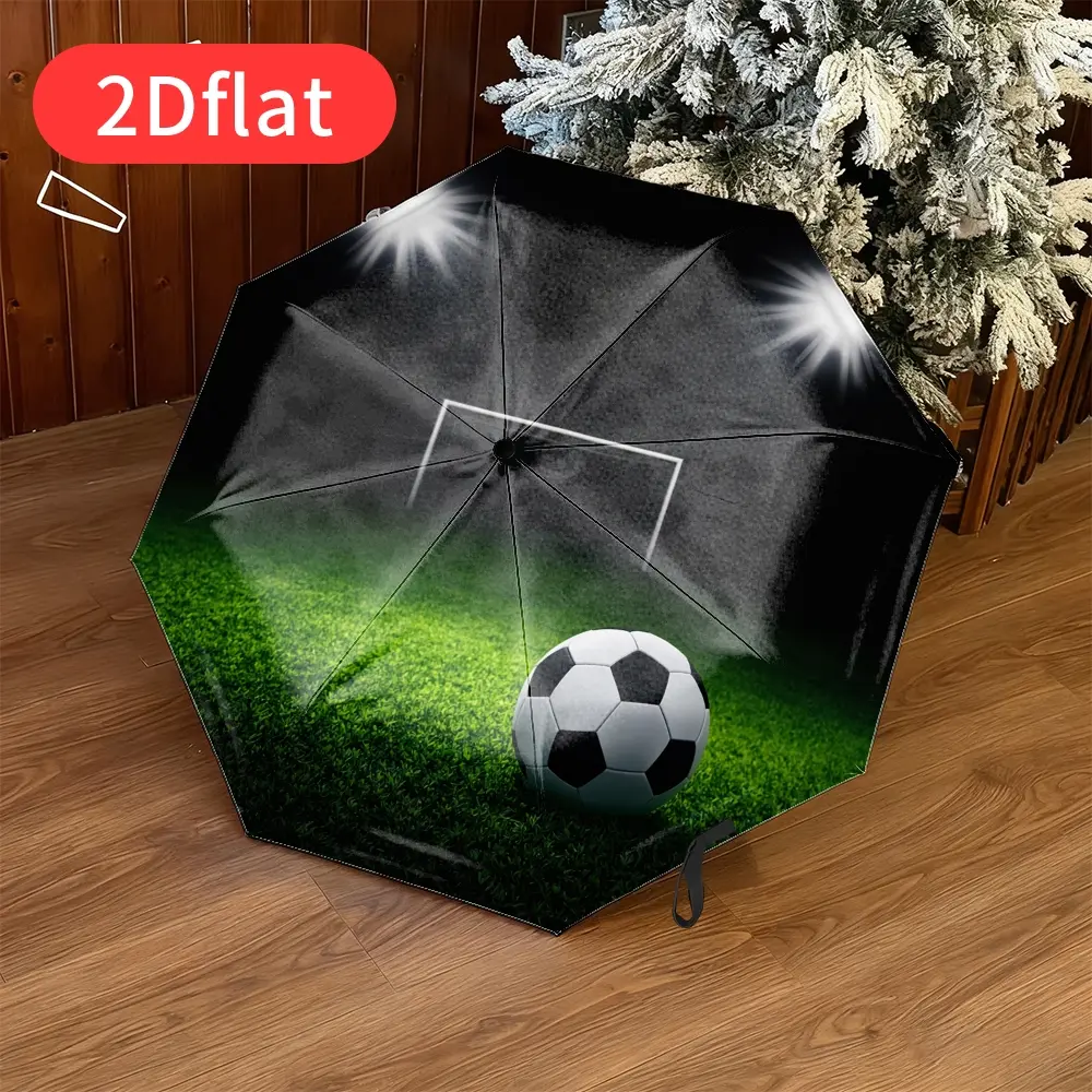 A football-themed folding umbrella featuring a classic black-and-white soccer design with 2D flat printing, a durable canopy, ideal for travel and commuting as well as casual everyday use. Lightweight and portable, made