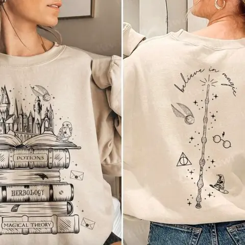 Vintage Magic Book Stack Sweatshirt – Wizard Spellbook Fantasy Aesthetic Crewneck, Womenswear, Andrew Clothings Long Sleeve Casual