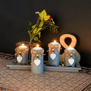 Wooden Candle Holder Set, 4 Counts/set Tea Light Holder with Wooden Tray, Decorative Candle Holder for Home Living Room Bedroom, Ornaments, Vintage Candle Stand