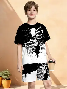 Skull Boy Summer Set, Kids Ink Splash Short Sleeve Tee + Shorts Two Piece Set, Casual Asymmetrical Design