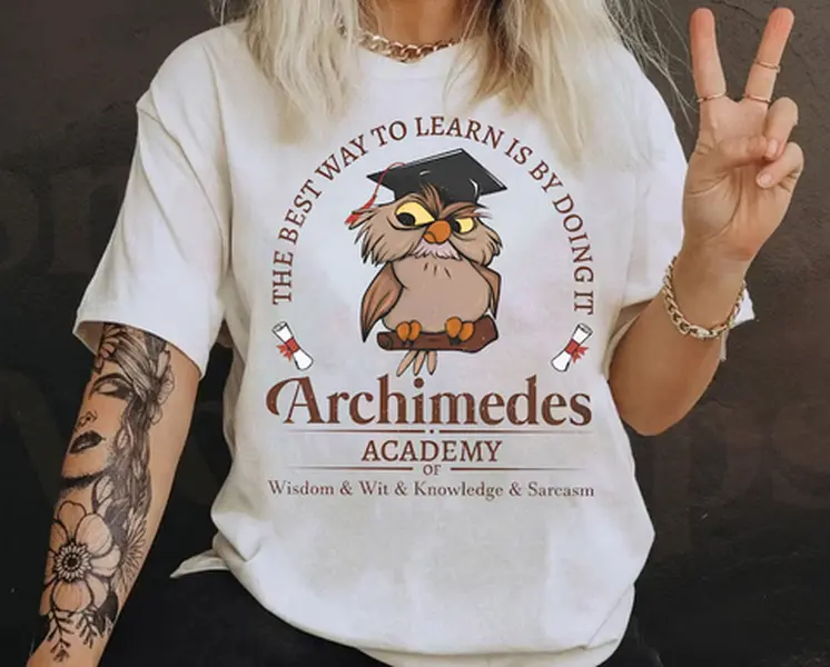 Retro Archimedes Academy Knowledge Sarcasm Shirt | Sword In The Stone Owl T-shirt | Magic Kingdom Tee Outfits