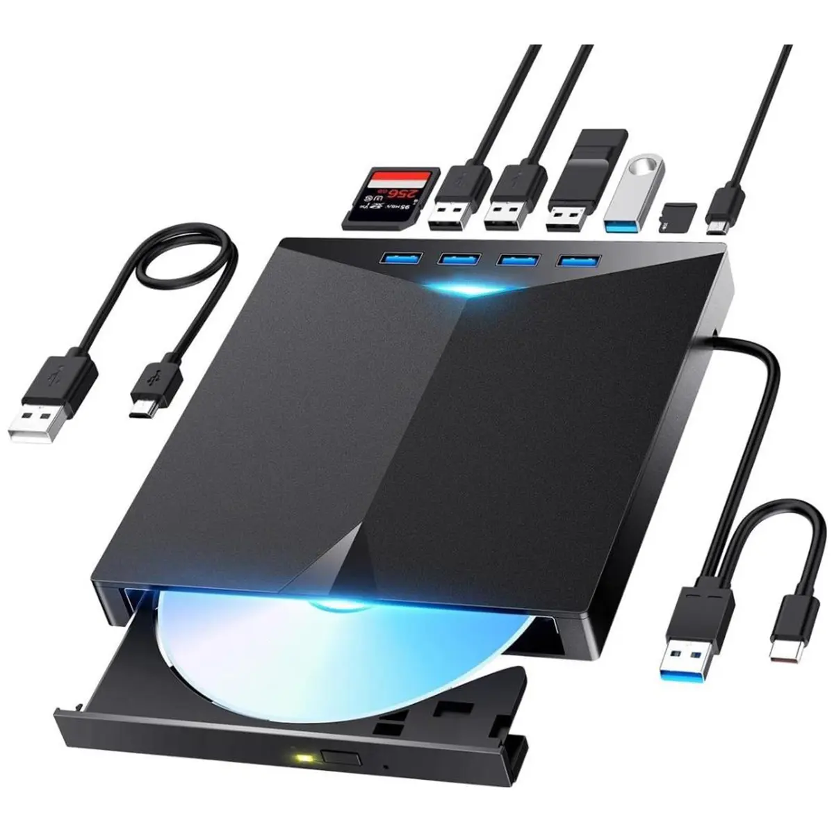 7-in-1 External CD/DVD Drive, USB 3.0 and Type-C Portable Player and Burner with 4 USB-A Ports and SD/TF Card Slots, Compatible with Laptop, Desktop, Mac and Windows