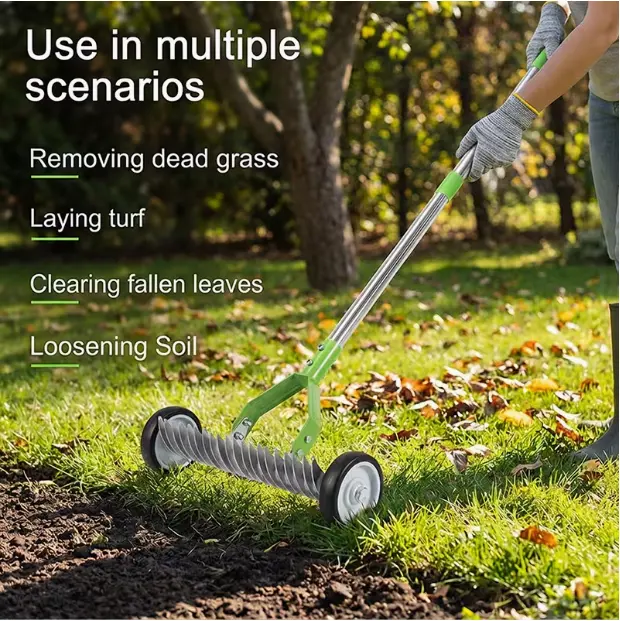 Adjustable Heavy Duty Lawn Thatch Rake 65.35 Inch Steel Dethatcher, Labor-Saving Multi-Purpose Garden Tool for Dead Grass, Twigs, Leaves Removal, Soil Aeration, Lawn Renovation & Yard Cleaning