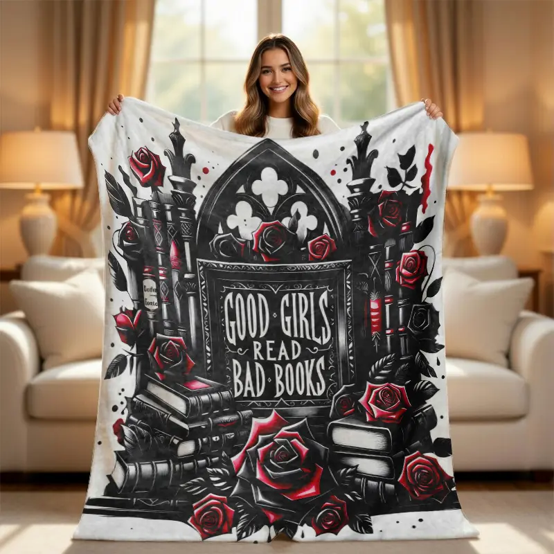 Good Girls Read Bad Books Flannel Throw Blanket, Dark Academia Aesthetic Gothic Rose Blanket, Bookish Gifts for Romance Readers, Soft Cozy BookTok Blanket for Reading Nook