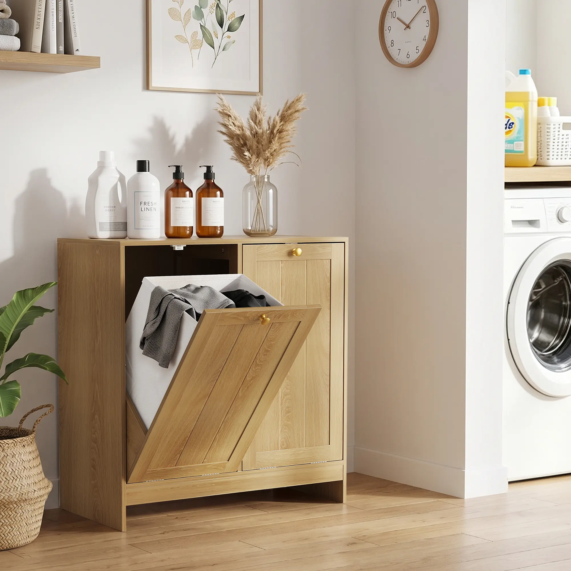 Oak High-Quality MDF Waterproof Rectangle 2-Bin Tilted Laundry Hamper with Removable Baskets, Freestanding Storage Cabinet with Anti-Tip Kit, Modern Indoor Cupboard for Bathroom Bedroom