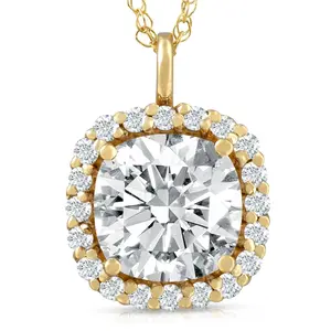 3 5/8 Ct Cushion Moissanite & Lab Grown Diamond Halo Pendant 14k Gold Necklace
