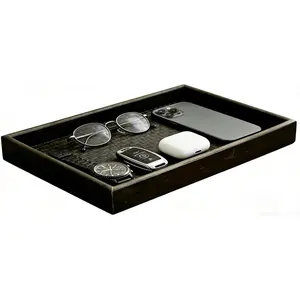Dark Walnut Finish Wooden Valet Tray with Black Woven Faux Leather Base, MDF Construction, Nightstand Catchall Organizer Desk Tray for Men, , Wallet, Watch & Accessories