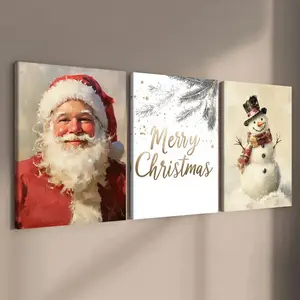 Christmas Wooden Framed Canvas Painting, 3 Counts/set Modern Merry Christmas Poster, Wall Art Decor for Home Living Room Bedroom Office