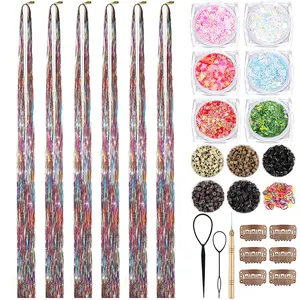 Hair Tinsel Kit With  Glitter 15 Colors 48 Inch 4500 Strands Glitter Tinsel Hair Extensions With Tools Fairy Hair Accessories, Suitable for Festivals and Daily Use (Rainbow Hair Tinsel Kit)