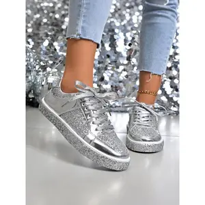Ladies' fashion casual sports shoes, shiny leather design, plimsolls, flat single shoes, comfortable walking shoes, fashionable footwear for daily wear
