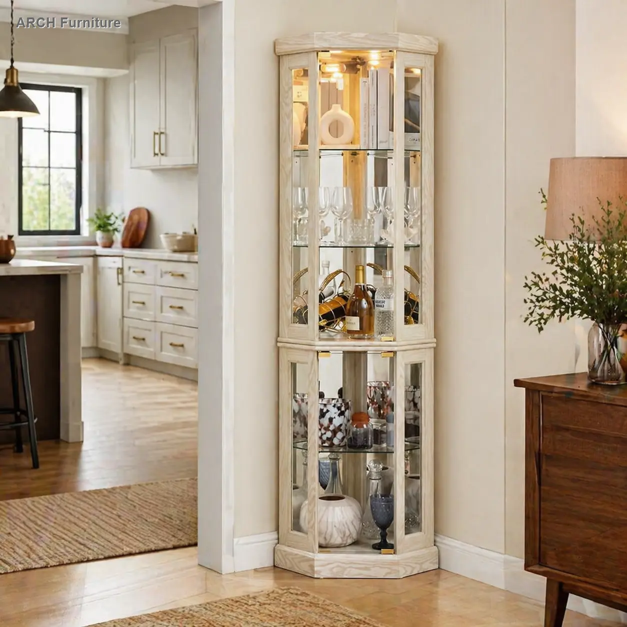Lighted Corner Curio Cabinet White Display Case with Glass Doors and Shelves, Elegant Corner Design with Built-in Lights for Living Room, Antique Collectibles, Wine & Bar Glass Storage, Corner Curio Cabinet with Lighting, White Finish