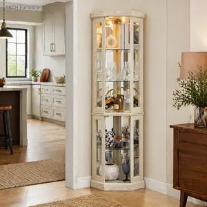 Elegant Design Corner Lighted Curio Cabinet - White Classic Indoor Cupboard Furniture with Side-Hung Doors, Built-In Lighting for Living Room Antique Collectibles & Wine/Bar Glass Storage