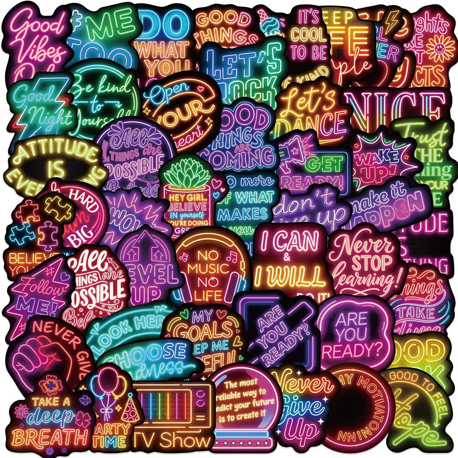 50 Cartoon Neon Inspirational Quotes Stickers, Creative Phone Laptop Notebook Waterproof Durable Decorative Stickers, Fun and Motivational Design
