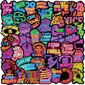 50 Cartoon Neon Inspirational Quotes Stickers, Creative Phone Laptop Notebook Waterproof Decorative Stickers, Fun and Motivational Design