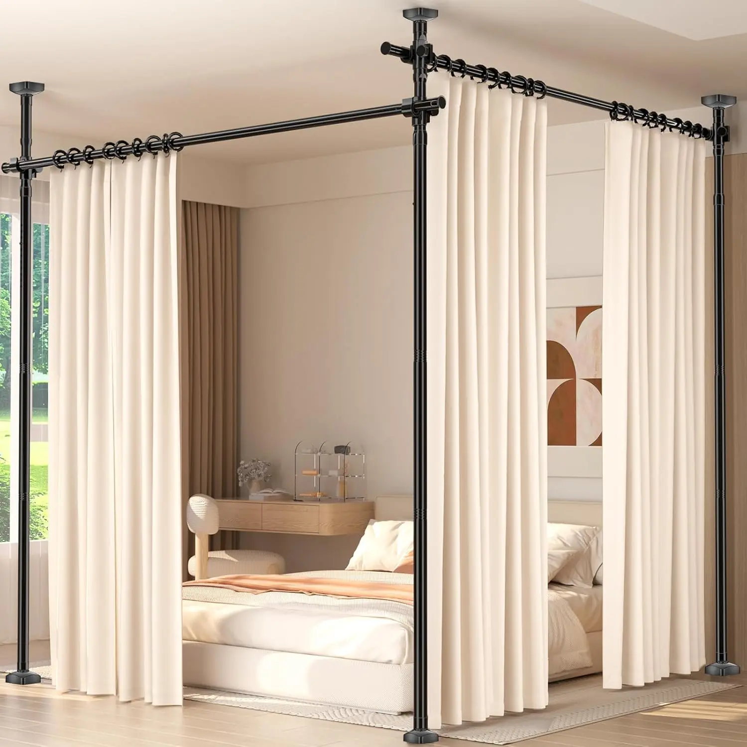 Black Adjustable Room Divider Panels, No-Drilling Tension Curtain Rods, Heavy-Duty Freestanding Space Separator for Living Room & Bedroom, 4-10ft(H) 28-140in(W)