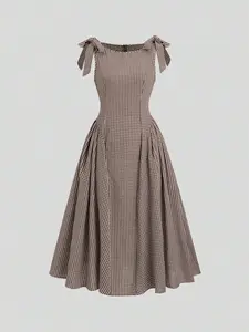 Casual Plaid Cinched Waist Ruched Fitted Dress for Women - Chic Everyday Style
