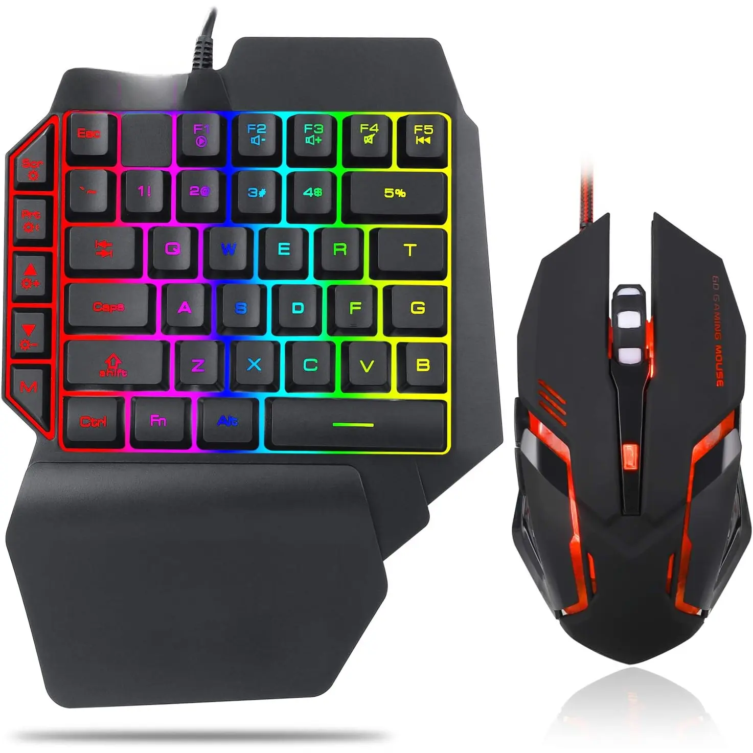 One Hand RGB Gaming Keyboard and Backlit  Combo, USB Wired Rainbow Letters Glow Single Hand Mechanical Feeling With Wrist Rest Support, Gaming Set for