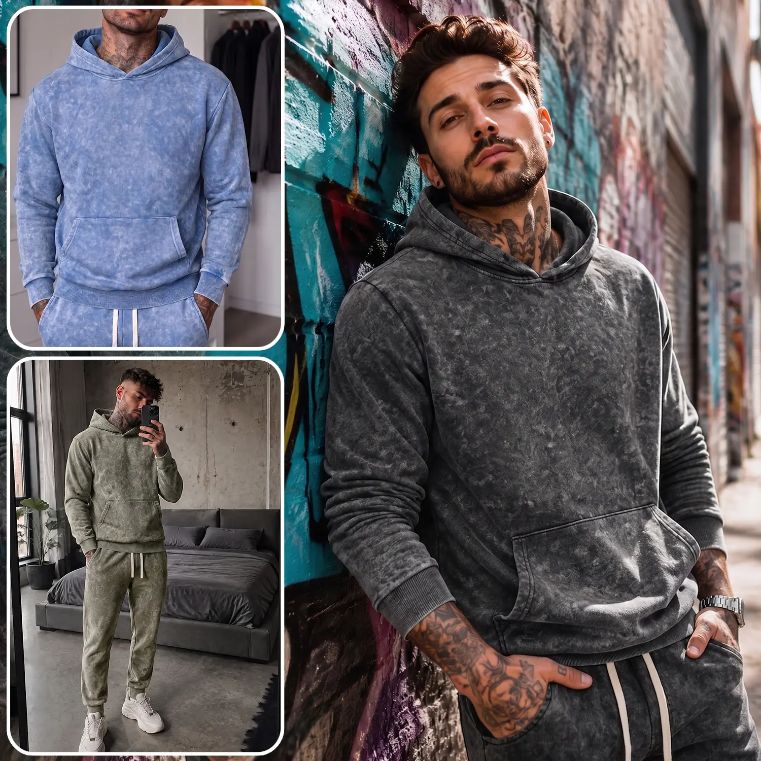 Soft Cotton Blend Y2K Streetwear Men's Acid Wash Tracksuit Set - Midweight French Terry Hoodie & Joggers, Fall Outdoor Lounge Outfit, Best Gift for Boyfriend