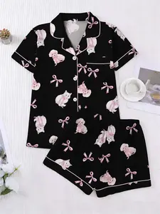 Women's 2-Piece Cute Cat Dog Print Pajamas Set, Short Sleeve Button-Down Shirt, Pocketed Shorts, Soft Casual Spring Summer Sleepwear