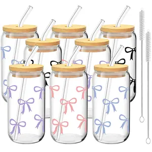 4/8 Pack Bow Pattern Glass Cups with Lids and Straws, 16oz Reusable Iced Coffee Cups, Glass Tumblers