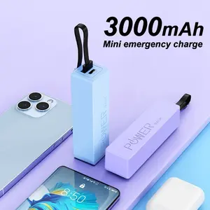 Portable Emergency Multifunctional Power Bank 3000mah, Includes Data Cable, USB, Lipstick Size, Fits Apple iPhone 15/16/17 Series & Android Devices