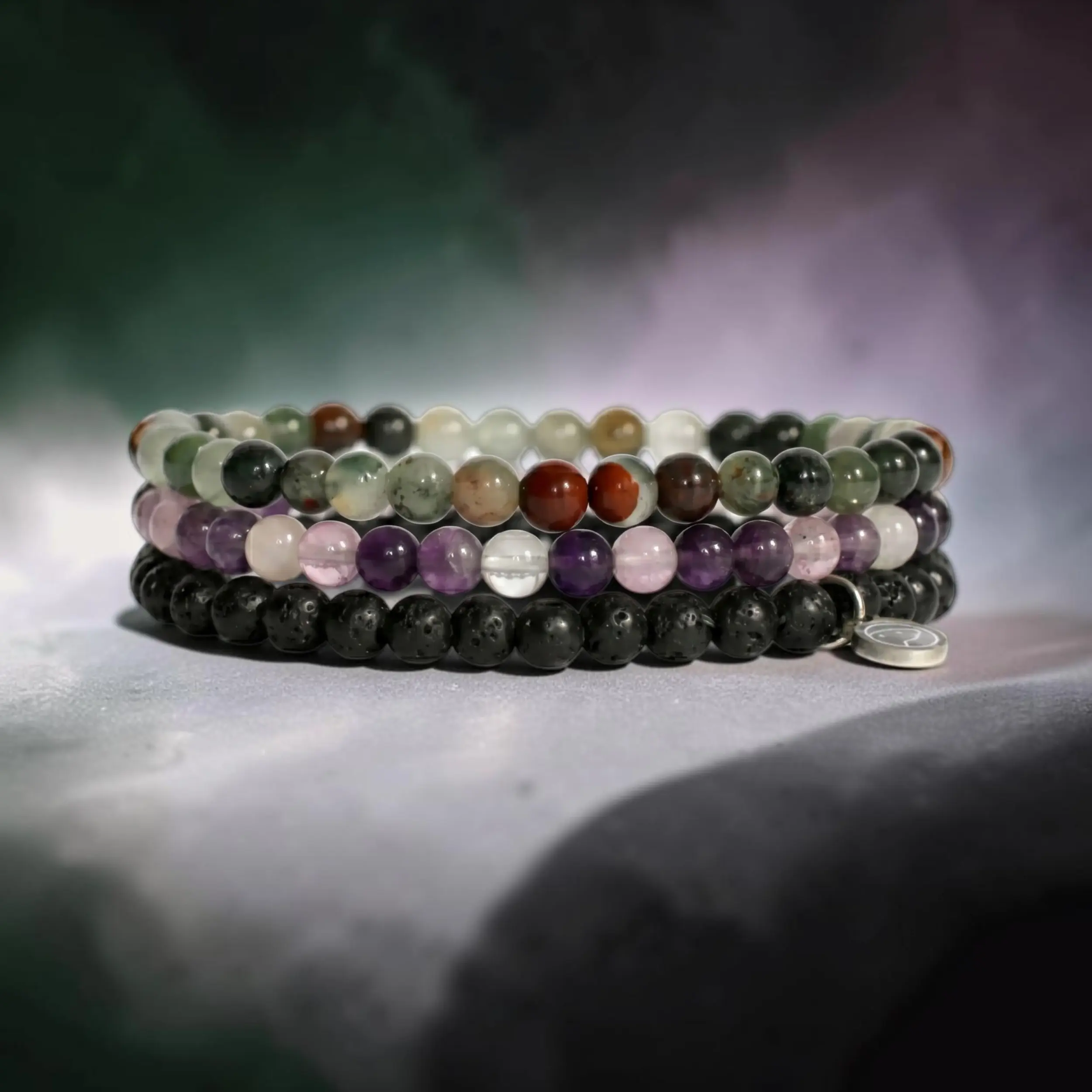 Productivity Bracelet Pack, Otter Spirit, Women, 4mm Beads, Crystal Bracelet Set of 3, Bloodstone, Lava Rock, Purple Fluorite, Productivity, Focus, Sterling Silver Otter Charm