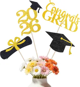 Graduation Decoration 2026, 16 PCS Double Sided Sparkling Graduation Centerpieces Sticks for Table, Congrats Grad Party Favors Glitter Table Top Supplie Black Blue Red