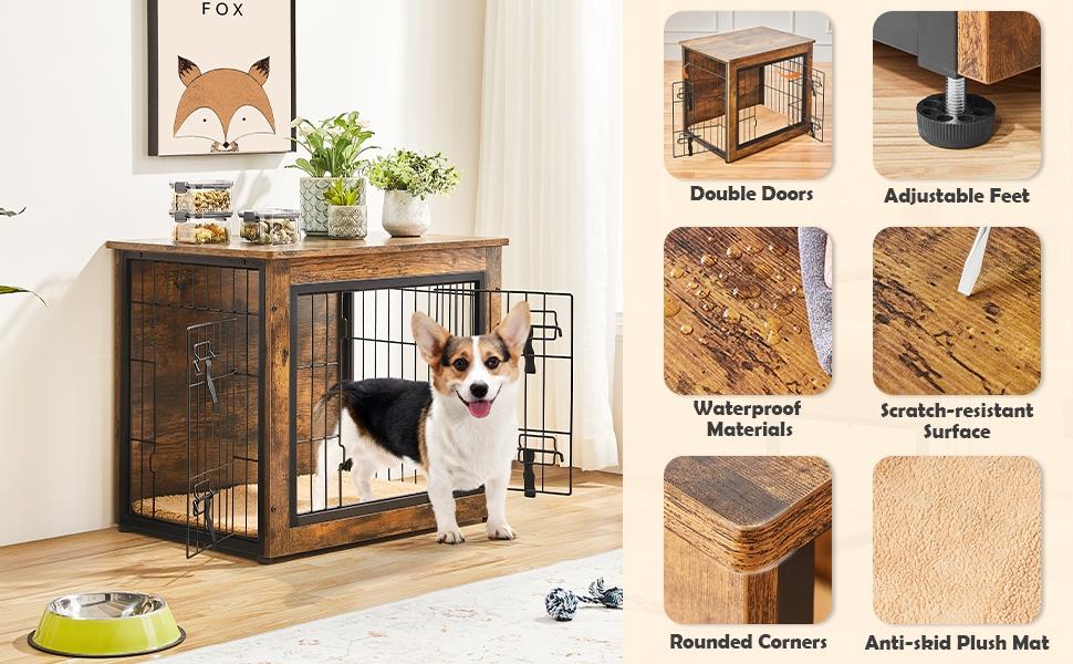 Yaheetech 27.5″W/32″W/38″W/40″W Dog Crate Furniture For Dogs, Rustic Industrial Multi-functional Wooden Dog Kennel with Anti-skid Plush Mat