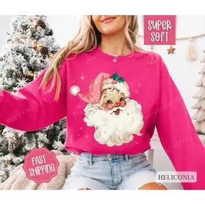 Coquette Pink Santa Christmas Sweatshirt, Merry Christmas Sweater, Women’s Holiday Crewneck Funny Santa