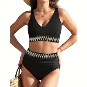 Women's bikini set, V-neck high-waisted color-blocked swimsuit, two-piece drawstring swimsuit, cross-strap swim top
