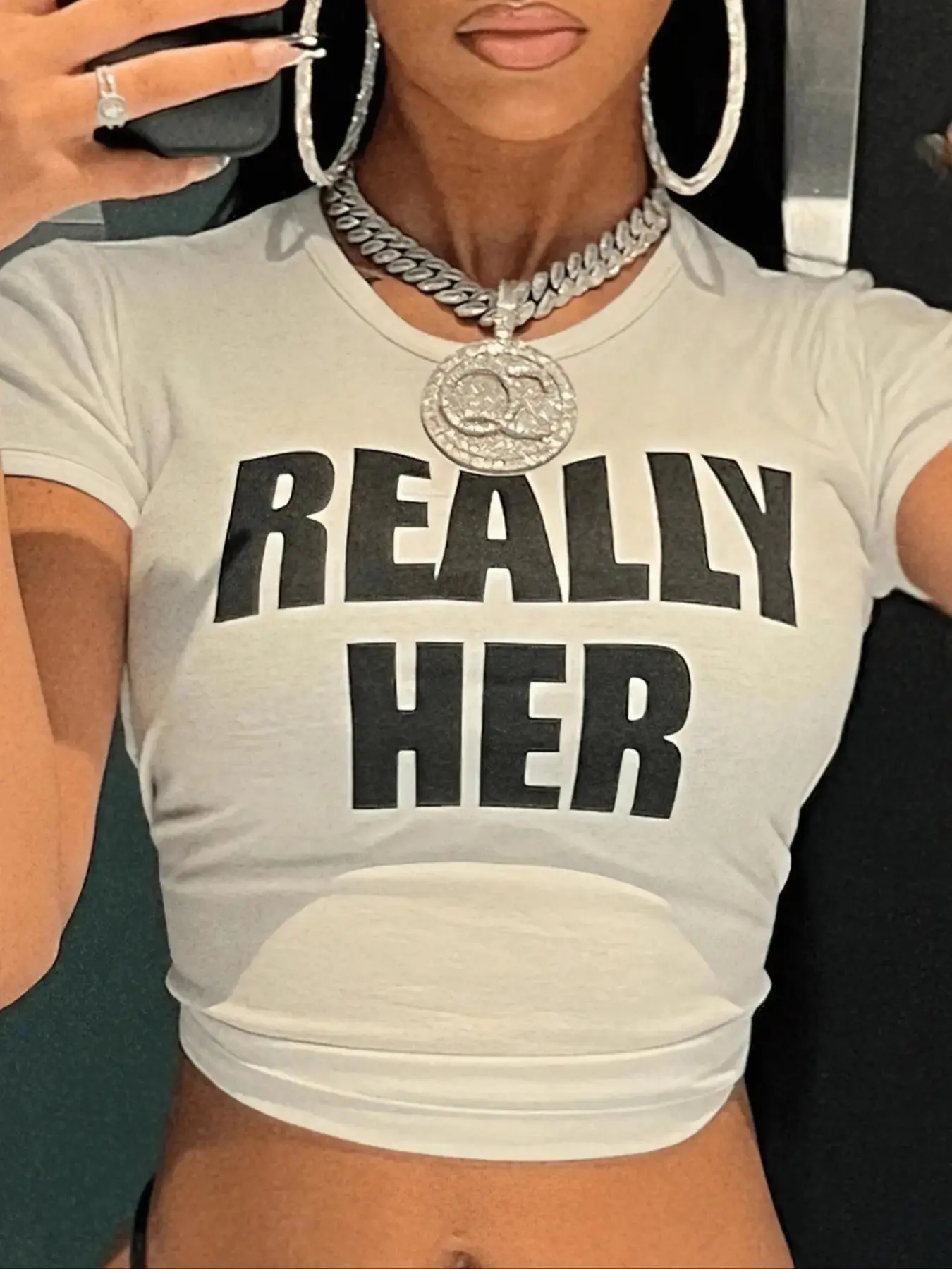 Women's "REALLY HER" Letter Print Round Neck Crop Tee, Casual Streetwear Crew Neck Short Sleeve T-Shirt for Daily Holiday Vacation Outdoor Wear, Ladies Clothes for All Seasons Top