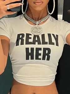 Women's "REALLY HER" Letter Print Round Neck Crop Tee, Casual Crew Neck Short Sleeve T-Shirt for Daily Holiday Vacation Outdoor Wear, Ladies Clothes for All Seasons