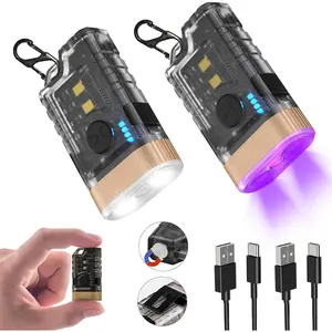 LED Small Powerful EDC Flashlight, 365nm UV Black Light, Mini Led Flashlight 1500 LM, USB C Rechargeable Mini Keychain Flash Light with Clip, Tail Magnet, 9 Modes, Waterproof Pocket Flashlights 2 PC